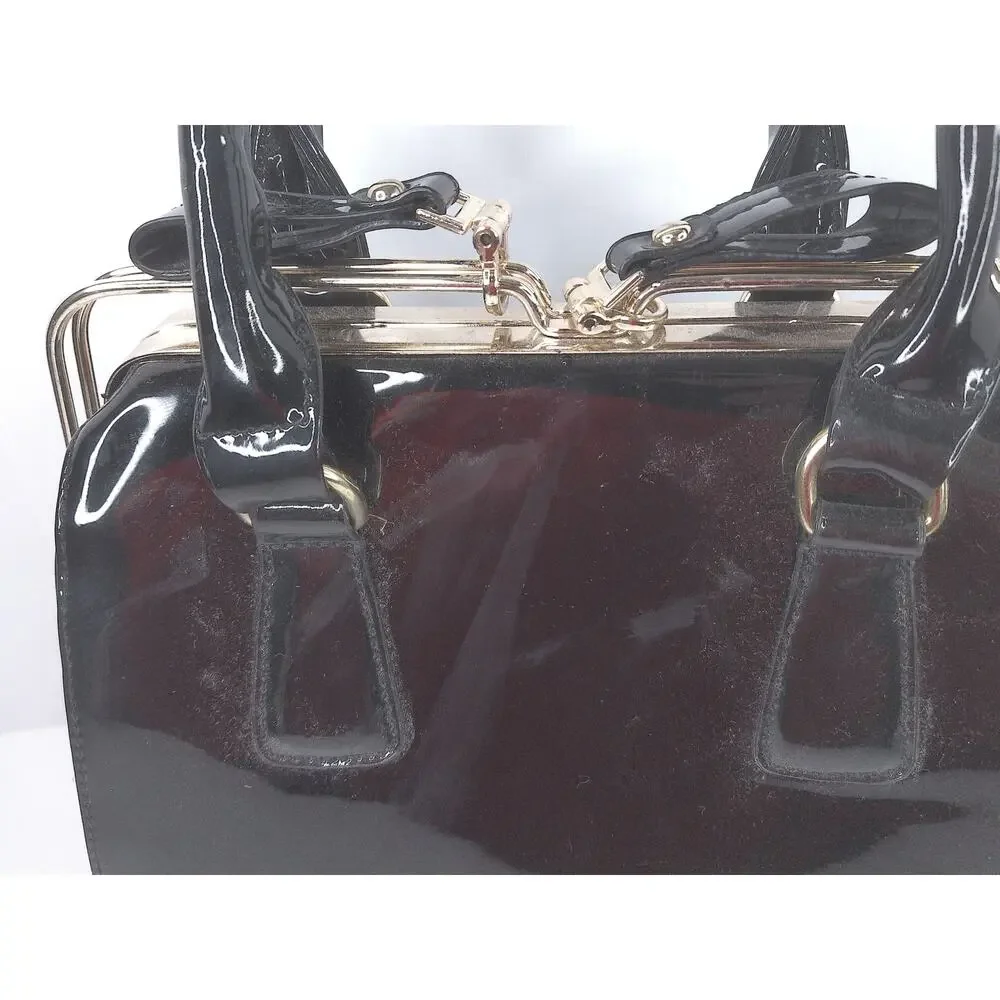 Vintage Y2K Black Patent Handbag Gold Frame Structured Top Handle Purse